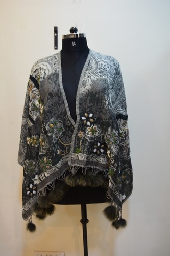 Black Boil Wool Emboidery With Fox Pom Pom Scarves