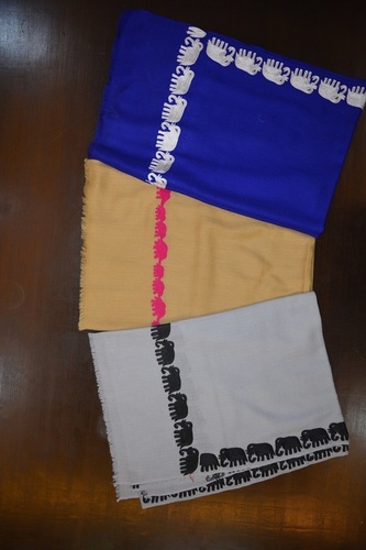 Merino Wool 4-Side Elephant Design Embroidery - White, Yellow, Blue | Ideal for All Seasons, Daily Use