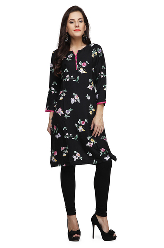 Black Rayon Printed Kurta W/Banarasi Trim