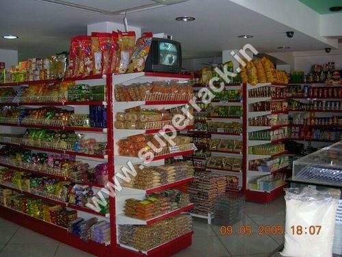 Supermarket Racks - Heavy Duty High Steel, 6-7 Foot Height | White and Red Double-Sided, Long Lasting Design