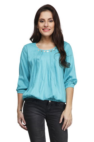 Asian Green Rayon Top With Sequins Details At Neck