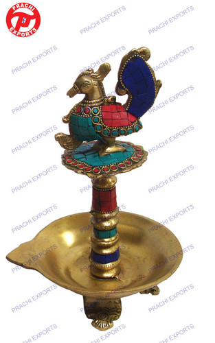 Oil Lamp W/Peacock & 3 Legs W/ Stone By PRACHI EXPORTS