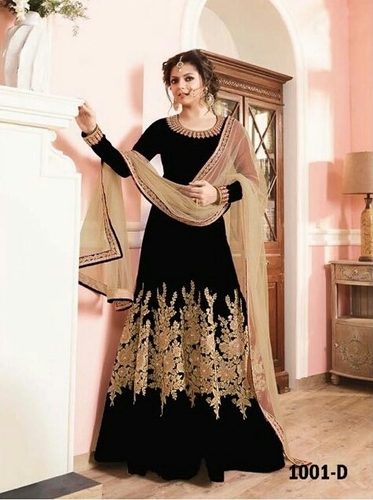 LT RUBY 1001 - Velvet Net, Floor-Length, Black | Gold Thread Embroidery, Elegant Anarkali with Long Sleeves