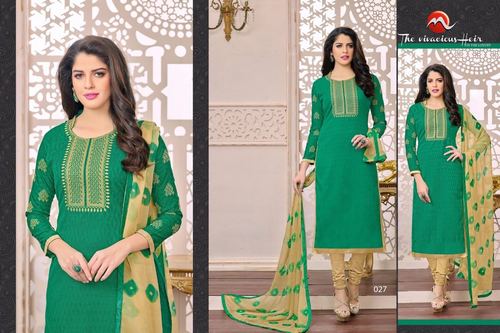 Cotton Salwar Suits - Cotton Jaquard, Green, Printed Dupatta | Lightweight, Smooth Texture, Wrinkle-Free, Comfortable Wear