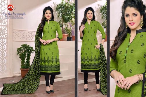 Designer Salwar Kameez - Cotton Jaquard Top, Cotton Bottom, Green, Printed Dupatta | Lightweight, Smooth Texture, Wrinkle Free, Comfortable Fit