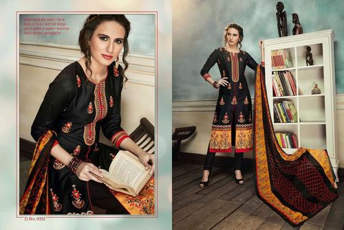 Cotton Embroidery Suit - Pure Cotton Top & Bottom, Black, Chiffon Printed Dupatta | Daman Embroidered, Lightweight, Smooth, Party Wear