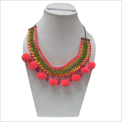 Pink Pompom Braided Collar Statement Necklace