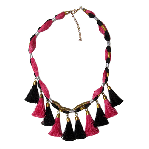 Tussle Pink Braided Necklace - Fabric & Metal, 18 Inches, Pink and Black | Bohemian Style, Tassel Accents, Clasp Closure