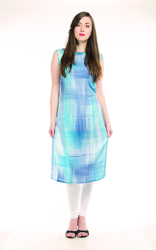 Designer Ladies Rayon Kurti - Slim Fit Below Knee, Blue & White, Chinese Collar | Stylish, Comfortable, Tear Resistant, Breathable