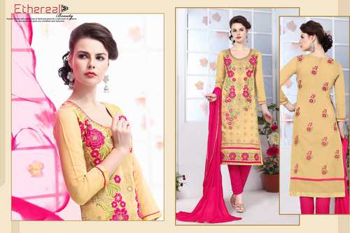 Embroidery Ladies Suits - Glace Cotton Top 2.25 Mtr, Semi Lawn Bottom 2.3 Mtr, Beige, Heavy Nazmeen Dupatta 2.25 Mtr | Elegant Design, Tear Resistant, Party & Wedding Wear