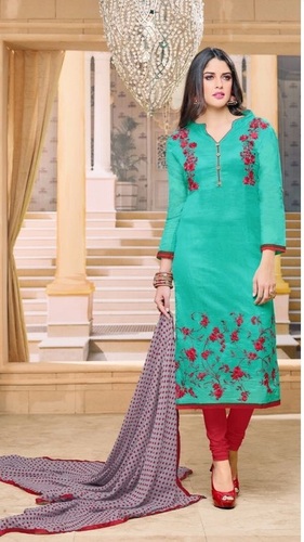 Fancy Designer Party Wear Cotton Salwar Kameez - Cotton, Free Upto Semi Stitch, Green & Red, Embroidered, Full Sleeves, Breathable | Summer Ethnic Wear, Ethnic Indian Style