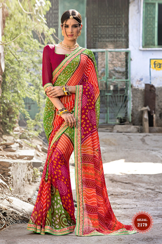 Georgette Bhandhani Saree - 5.5 Mtr Length with 0.80 Mtr Blouse | Multicolor, Heavy Lace Border Work, Exquisite Craftsmanship, Easy Wash