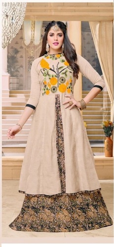 Party Wear Designer Ethnic Cotton Salwar Kameez - Cotton Material, Free Size Upto Semi Stitch, Brown Color, Embroidered Pattern | Suitable for Rainy, Spring, Summer, Winter Seasons, Washable, Dry Cleanable