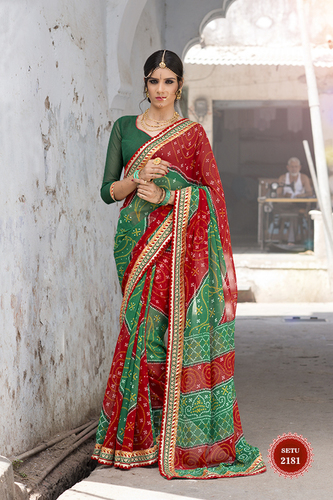 Indian Designer Saree - Georgette Fabric, 5.5 Mtr Length + 0.80 Blouse, Green and Red Color with Heavy Lace Border Work, Bollywood Style, Printed Pattern