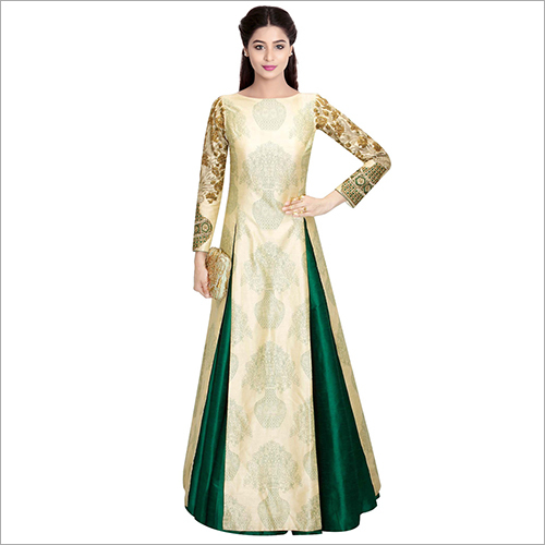 Cream And Green Taffeta Silk Gown