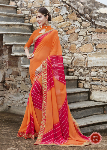 Bhandhej Saree - Georgette Fabric 5.5 Mtr + 0.80 Blouse | Orange Bollywoodesque Print with Lovely Heavy Lace Border Work