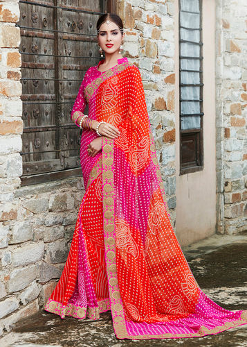 Pink And Red Designer Bhandhani Saree