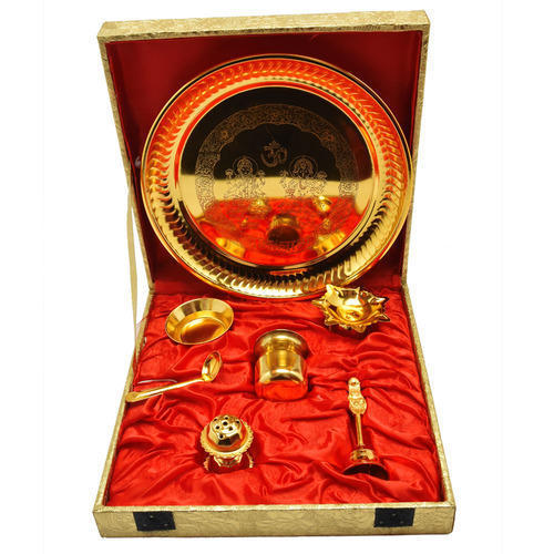 Brass Pooja Thali - 12 Inches, Velvet Gift Box | Durable Brass, Gold Plated, Elegant Design, Shiny Finish, Pooja Essential, Includes 7 Items