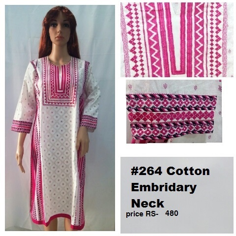 Embroidery Cotton Long Kurti - Cotton, Custom Sizes (M, L, XL, XXL, XXXL), White and Pink, Length 1117.6mm, 3-4th Sleeves, Ethnic Style, Breathable, Suitable for All Seasons