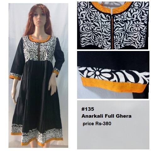 Anarkali Full Gehra Kurti - Cotton, Available Sizes [S, M, L, XL, XXL], Black with White Print | Breathable, Quick Dry, Cool Pass, Suitable for All Seasons