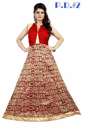 Designer Party Wear Bhagalpuri Printed Gown - Silk Material, Size 40-42, Color Red and Golden, Long Semi-Stitch Style, Sleeveless, Washable, All Season