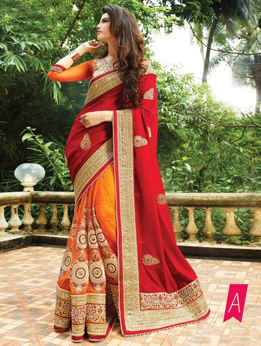 Exclusive Fancy Designer Party Wear Red Color Saree - Georgette & Nylon Net Fabric, 5.5m Length, Rawsilk & Net Blouse, Maroon & Orange Embroidery