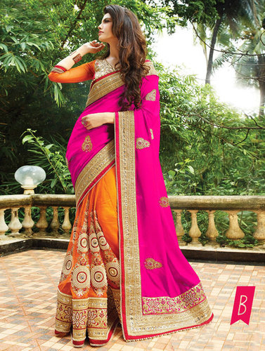 Designer Party Wear Fancy Latest Saree - Georgette & Nylon Net, 5.5m Size, Pink and Orange Color, Embroidered Pattern, Bollywood Style  