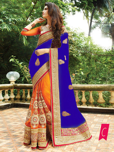Stylish Designer Party Wear Exclusive Saree - Georgette & Nylon Net, 5.5m Saree & 0.80m Blouse | Embroidered Pattern, Blue & Orange Color, Bollywood Style