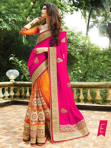 Stylish Designer Party Wear Georgette Saree - Georgette & Nylon Net Fabric, 5.5m Saree & 0.80m Blouse, Pink and Orange with Embroidered Pattern | Bollywood Style for All Seasons