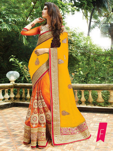 Yellow And Orange Designer Exclusive Party Wear Latest Saree