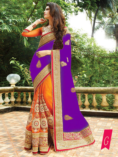 Fancy Designer Party Wear Multi Color Saree - Georgette & Nylon Net, 5.5 Meter Length, Purple and Orange, Bollywood Style, Embroidered Pattern, All Seasons