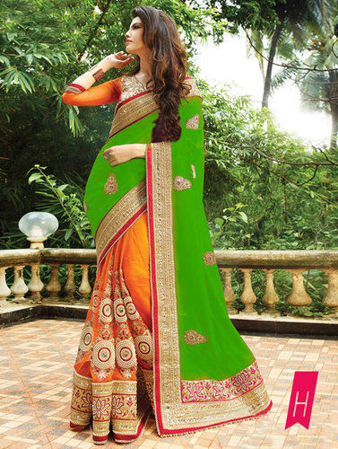 Green And Orange Party Wear Stylish Designer Georgette & Nylon Net Saree