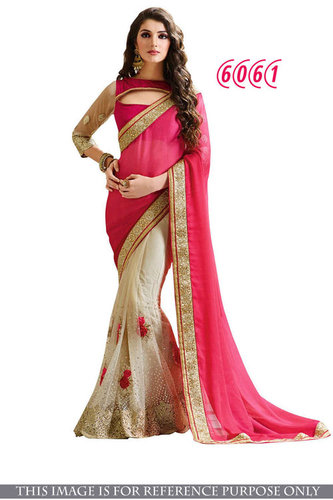 Designer Party Wear Fancy Latest Saree - Georgette & Nylon Net, 5.5 Meters in Pink and White with Embroidered Pattern, Bollywood Style