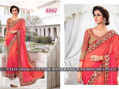 Latest Designer Party Wear Red Color Saree - Georgette Fabric, 5.5 Meter Saree, 0.80 Meter Blouse, Bollywood Style, Embroidered Pattern