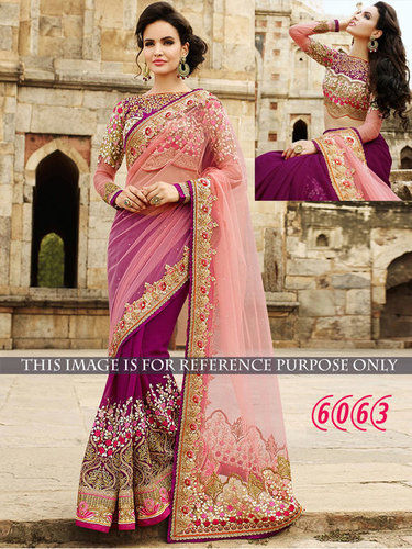 Purple And Pink Designer Party Wear Georgette &Net Saree