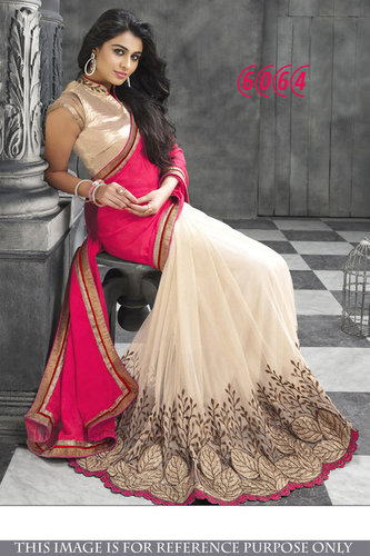 Fashion Designer Party Wear Multi Color Saree - Georgette & Nylon Net, 5.5 Meter Size, White and Pink Color, Embroidered Pattern, Bollywood Style