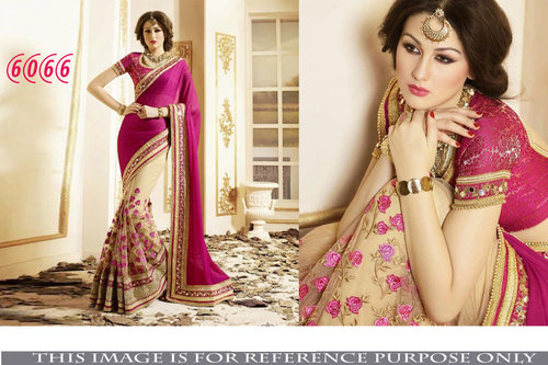 Stylish Designer Party Wear Georgette Saree - Georgette Fabric, 5.5m Saree & 0.80m Blouse, Pink and Beige Embroidered Design No-6066 | Bollywood Style, Suitable for All Seasons