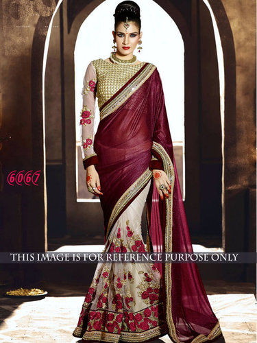 Lycra Silk Georgette Designer Exclusive Party Wear Maroon Color Saree