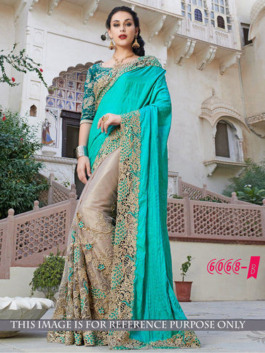 Ethnic Designer Party Wear Saree - Silk Georgette & Nylon Net, 5.5 Meters in Green and Cream with Embroidered Pattern