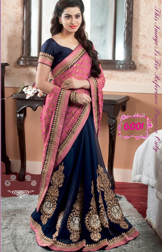 Fancy Designer Party Wear Georgette Saree - 5.5m Georgette, 0.80m Dhupion Blouse | Blue and Pink Embroidered Bandhani Design for All Seasons