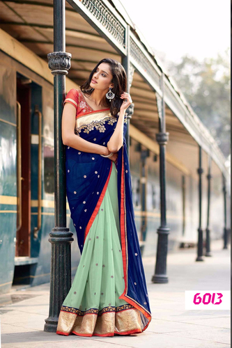 Party Wear Designer Saree - Georgette Fabric, 5.5 Meter Length, Blue and Light Green Embroidered Design | Bollywood Style for All Seasons
