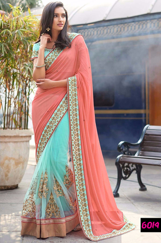 Exclusive Designer Party Wear Latest Saree - Georgette Fabric, Blouse Silk - 5.5m Saree, 0.80m Blouse | Orange & Blue, Embroidered Pattern, Bollywood Style
