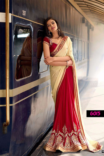 Designer Party Wear Saree - Georgette Fabric, 5.5 Meter Size, Cream and Red Color | Bollywood Style, Embroidered, All-Season Elegance