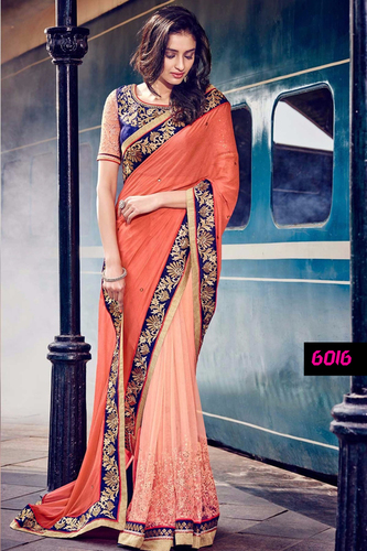 Designer Party Wear Fancy Saree - Mono Net Fabric, 5.5 Meter Size, Orange and Blue Color, Embroidered Pattern, Silk Blouse, Bollywood Style