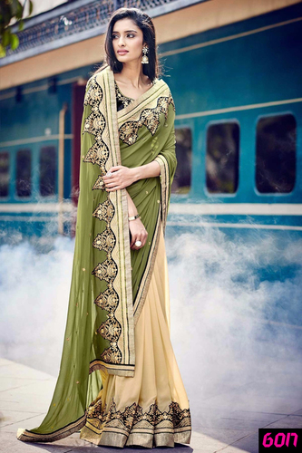 Green And Cream Stylish Designer Party Wear Ethnic Saree