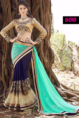 Designer Party Wear Georgette Saree - Georgette Fabric, 5.5 Meter Size, Blue, Green & Beige Color | Embroidered Pattern, Bollywood Style for All Seasons