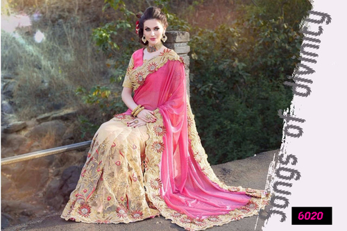 Designer Party Wear Exclusive Saree - Georgette 5.5m with Silk Blouse 0.8m, Pink and Cream Embroidered Bollywood Style for All Seasons