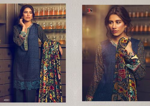 Fancy Designer Salwar Kameez Suit - Glace Cotton With Self Embroidery Top, Semi Lawn 2.70 Meter Dupatta, Blue and Golden Color | Washable, Dry Cleanable, Full Sleeves