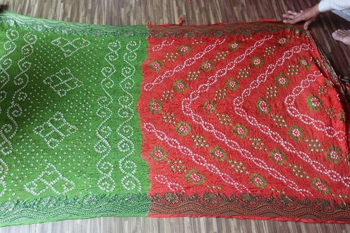Red And Green Bandhani Fancy Work Sarees