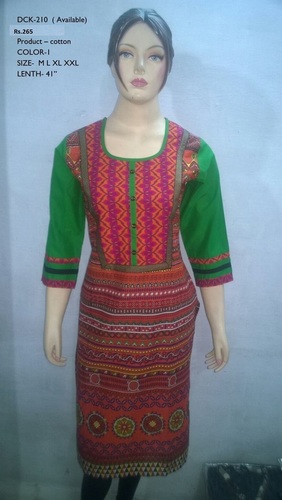 COTTON CAMRIC - Cotton 3/4 Sleeve Printed Kurti, Red | Casual Daily Wear, Modern Style, Beaded Decoration, Quick Dry, Breathable, Washable